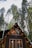 An A-frame cabin is nestled among tall pine trees. The cabin has large triangular windows that allow a glimpse of its warmly lit interior. Strings of lights decorate the cabin's exterior, adding a cozy ambiance.