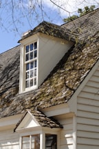 A close-up view of the side of a house with a window dormer set into a steeply pitched roof. The roof is covered in weathered shingles with patches of moss and lichen growing on them. The house is constructed with light-colored wooden siding, and bare tree branches are partially visible in the foreground.