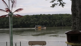 A boat is travelling slowly on a wide river, surrounded by lush green trees on the opposite bank. In the foreground, there is a decorative palm tree made of synthetic material and a string of round lights hanging across the scene. Part of a railing and what appears to be an outdoor furniture or a signpost are visible along with a tree trunk on the right edge.