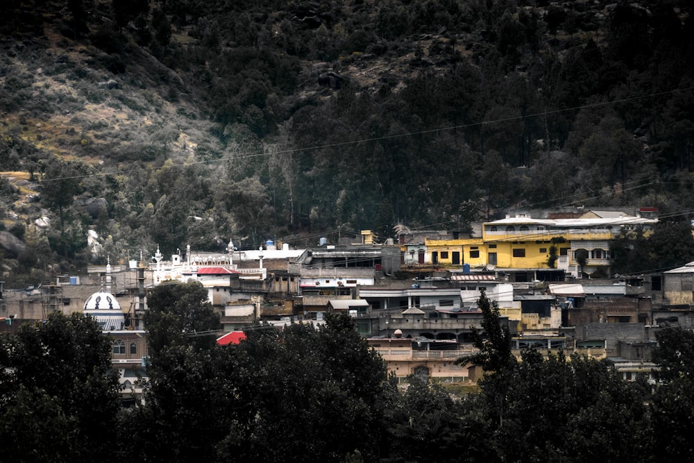 a city with trees and hills