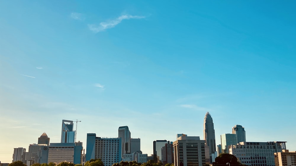 a city skyline with blue sky