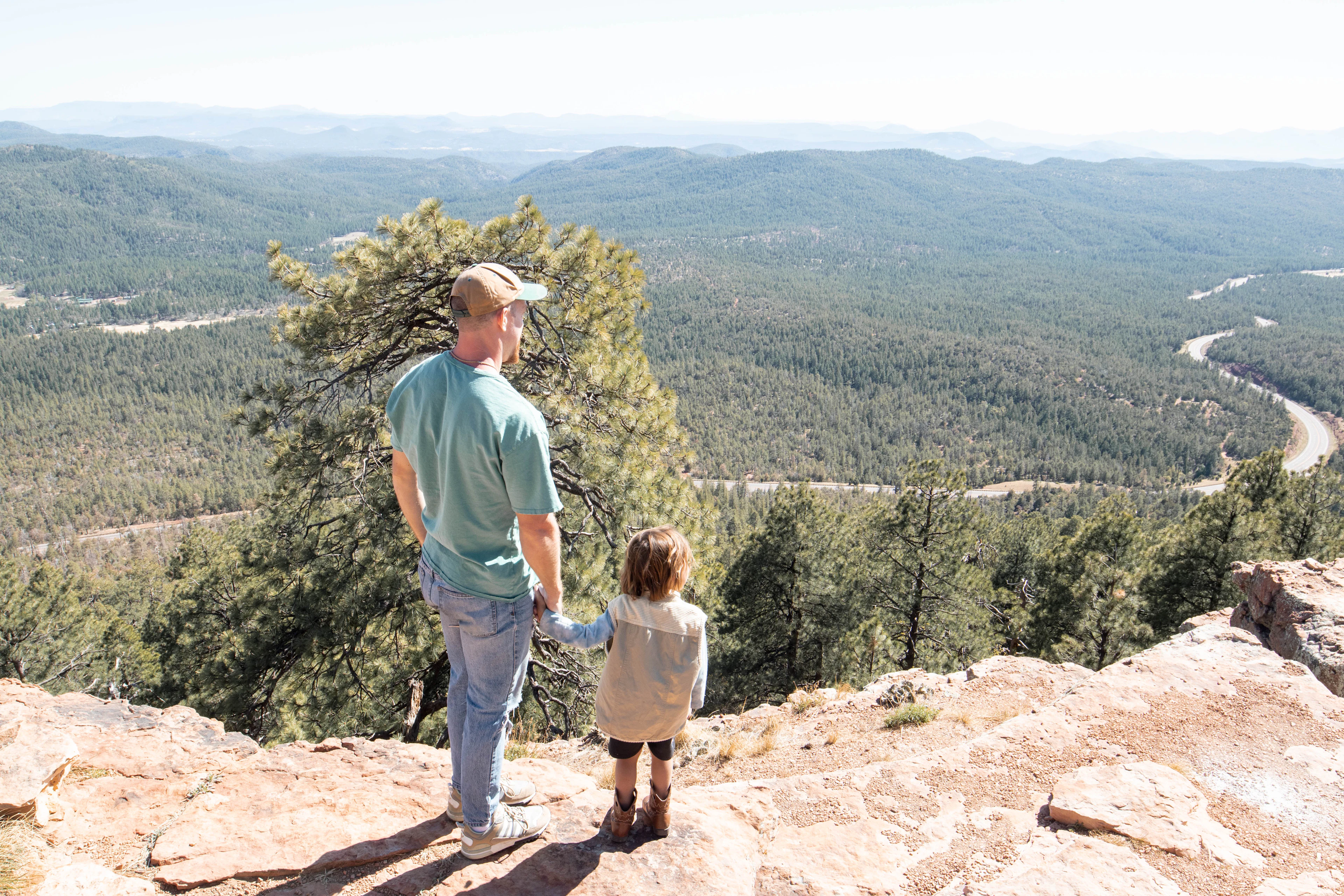 A parent and child looking out over a forested valley