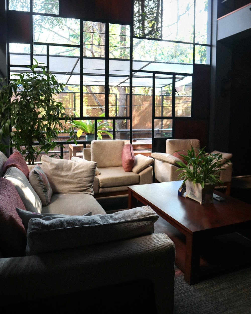 a living room with a large window