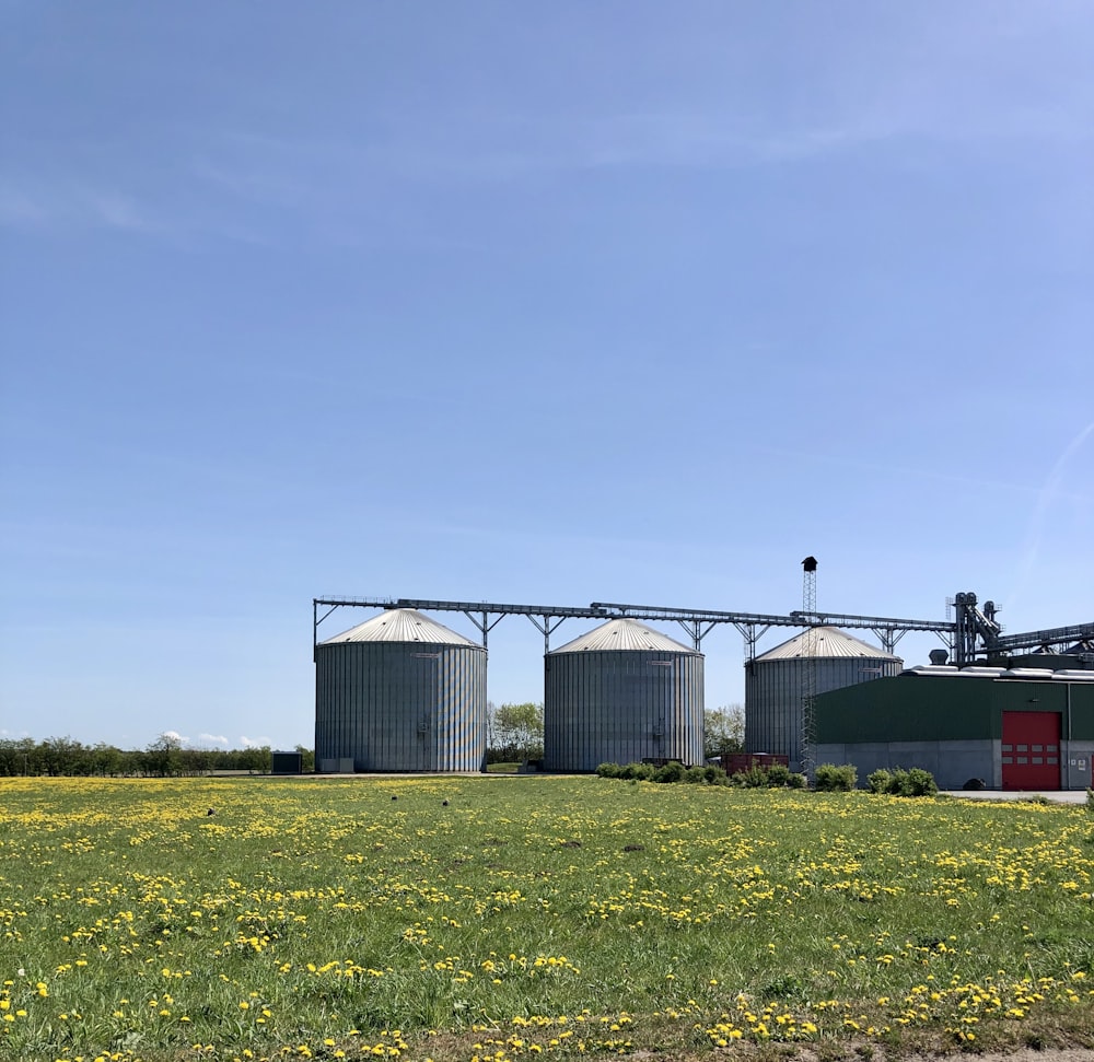 a group of buildings with a field in front of them