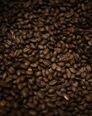 A close-up view of a large pile of roasted coffee beans, showcasing their rich and varied brown tones. The beans are densely packed, with some surface sheen indicating freshness.