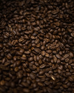 A close-up view of a large pile of roasted coffee beans, showcasing their rich and varied brown tones. The beans are densely packed, with some surface sheen indicating freshness.