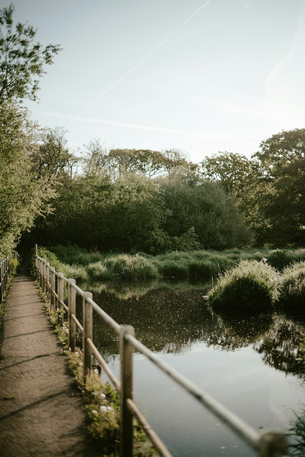 a river with a wooden bridge