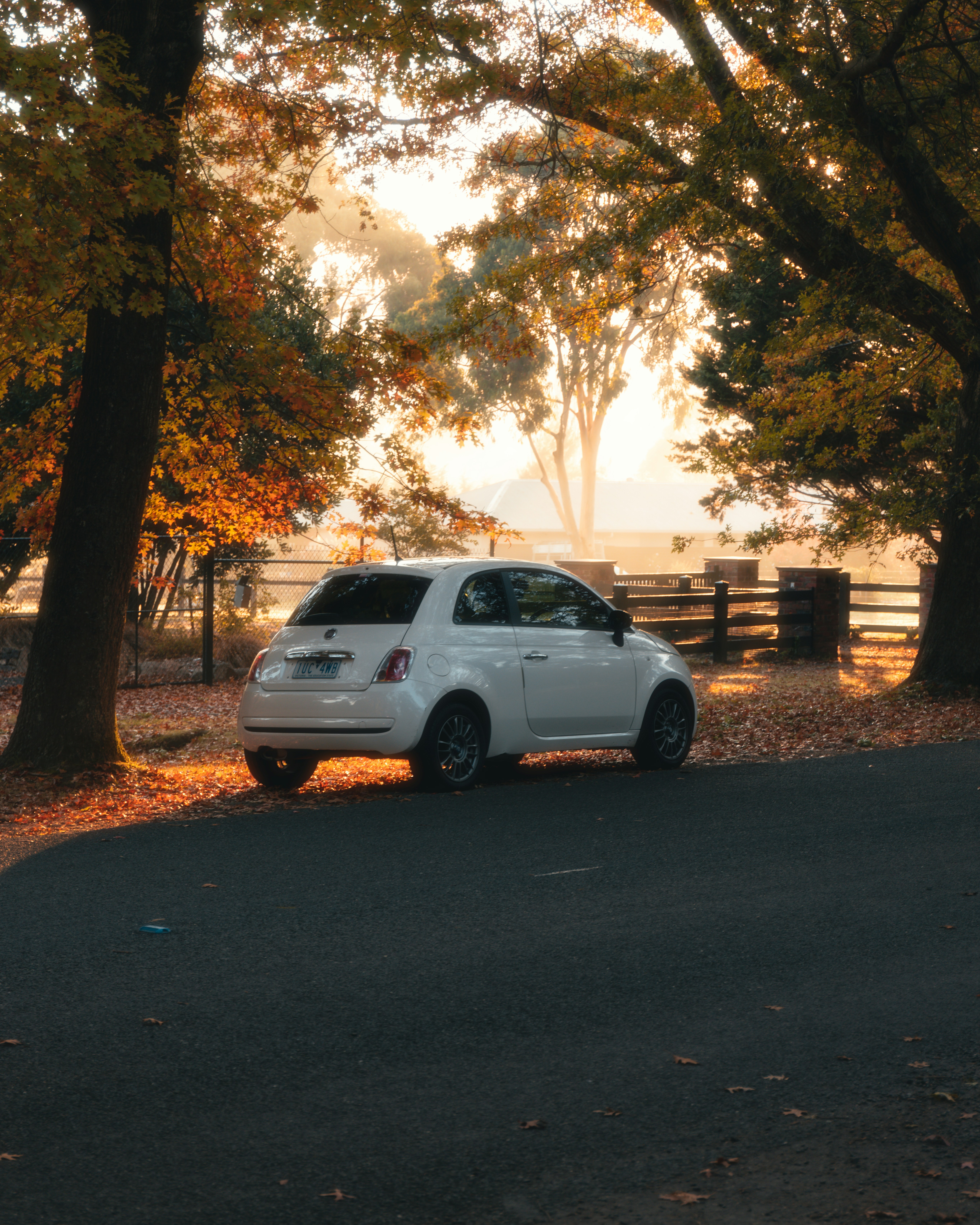 um carro branco estacionado em uma estrada com árvores de ambos os lados