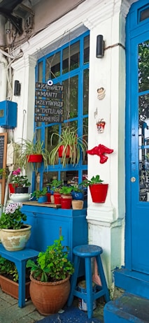 A vibrant outdoor arrangement with various potted plants on a blue bench and wooden stools. The backdrop includes a blue window and door, with hanging red pots and green, thriving plants. There's also a menu board and some decorative items hanging on the walls, contributing to a lively and welcoming ambiance.