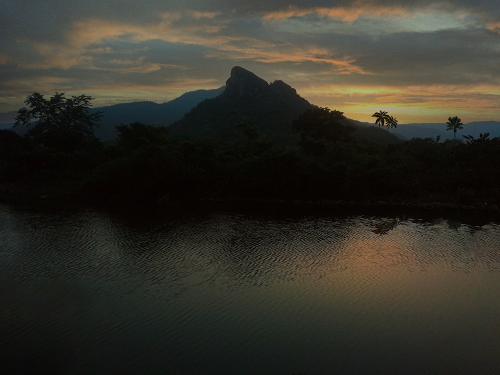 a body of water with trees and mountains in the background