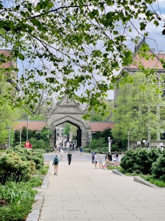 a group of people walking on a path in a park