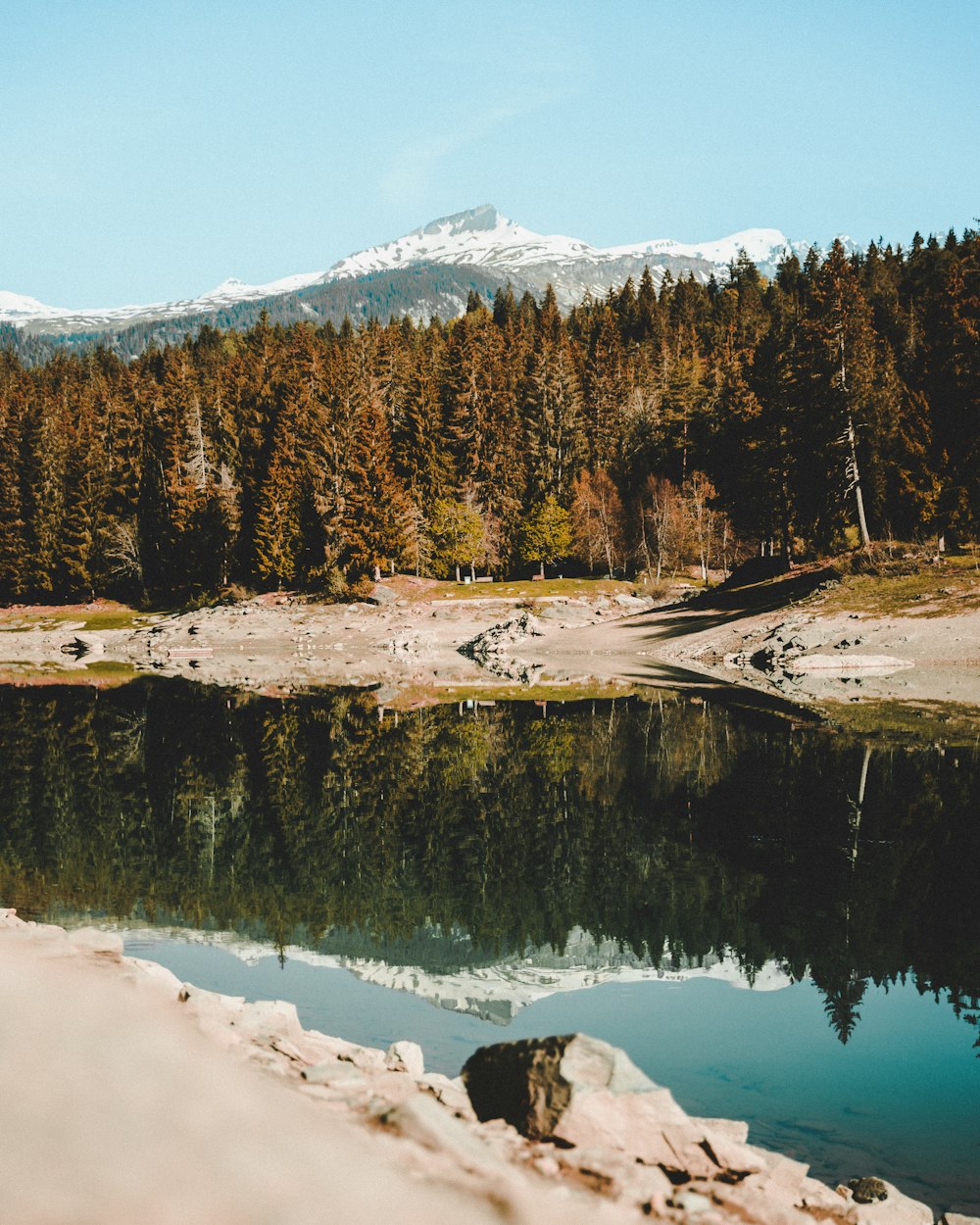 a lake surrounded by trees and mountains