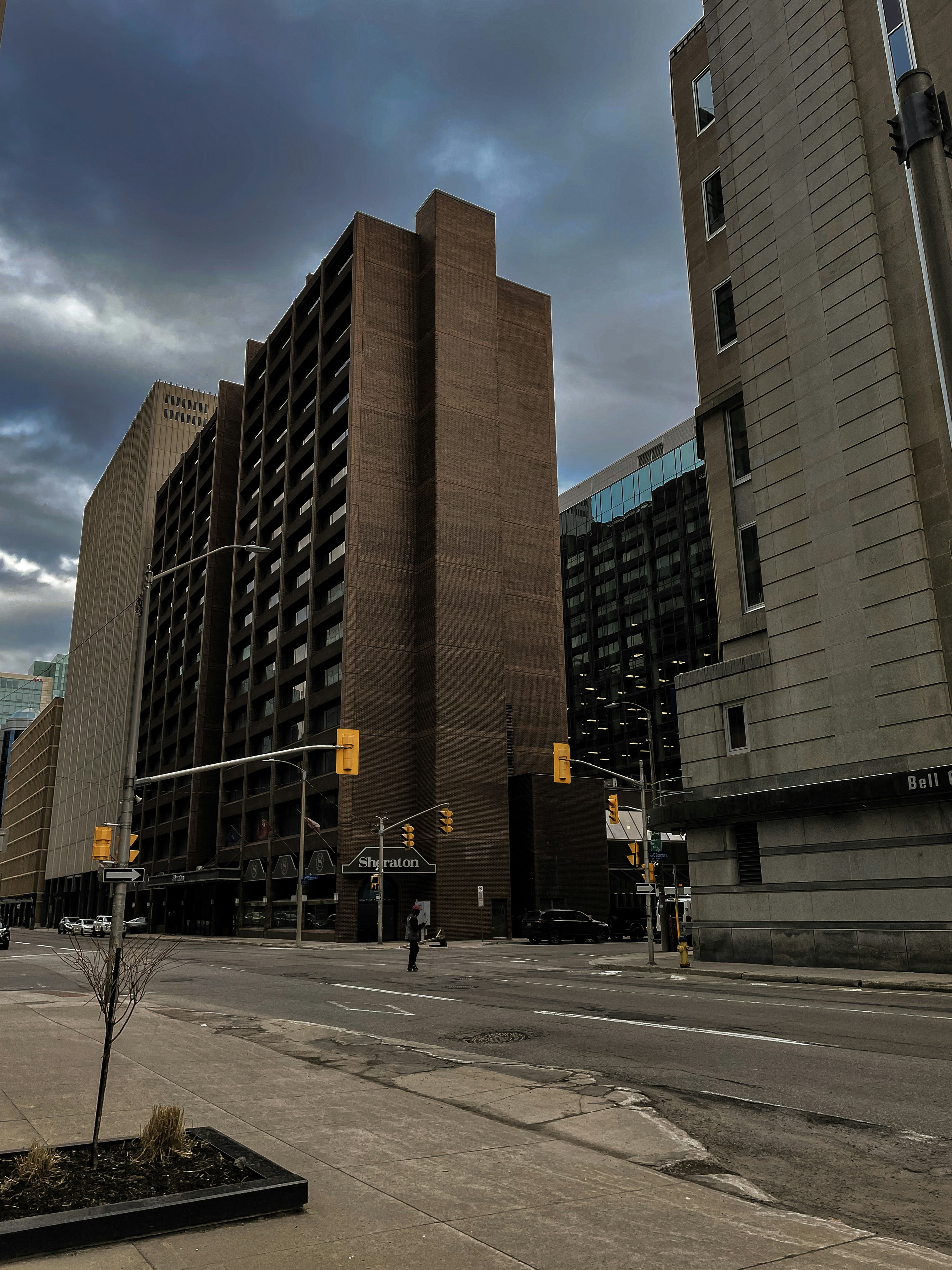 a city street with tall buildings