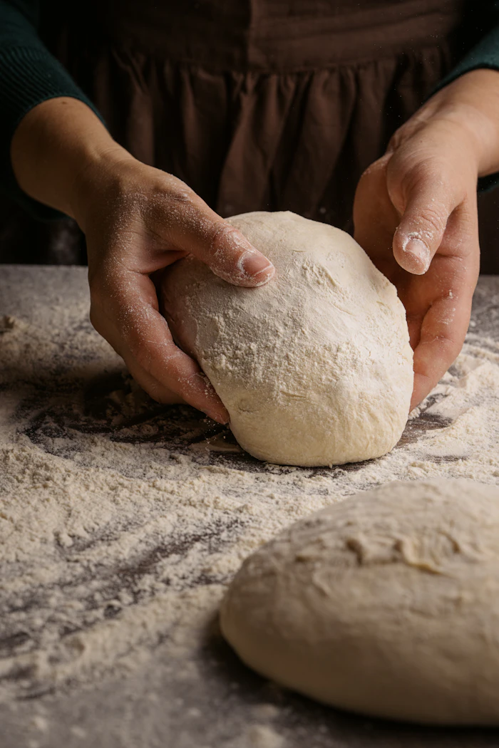 Mãos a amassar pão sobre uma bancada enfarinhada