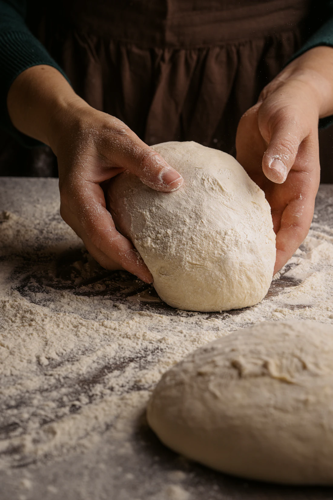 Des mains en tablier pétrissent une boule de pâte