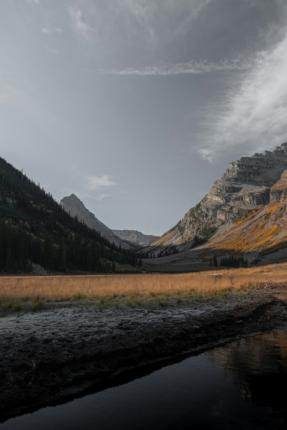 a river running through a valley between mountains