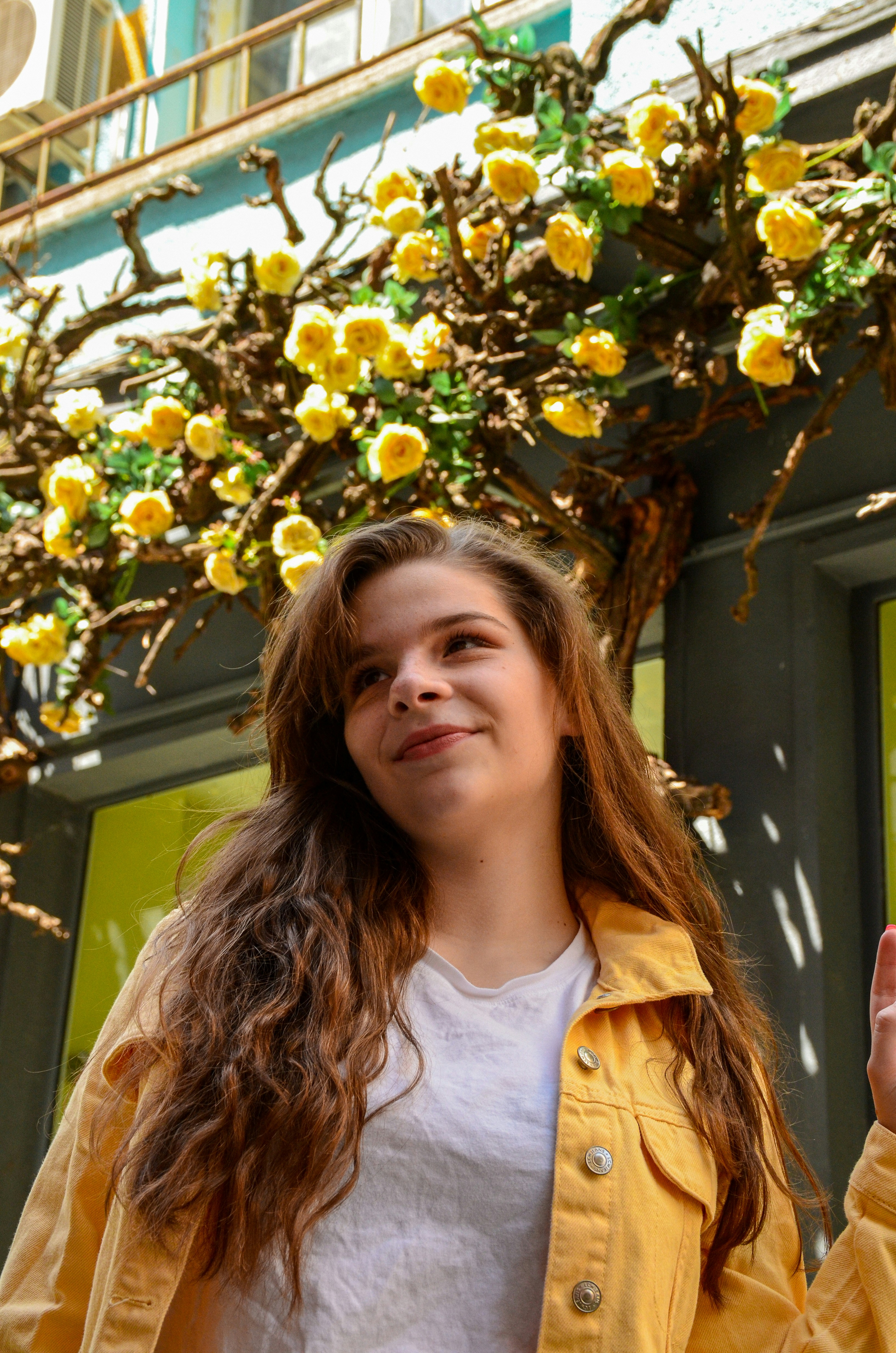 a woman standing in front of a tree with yellow flowers