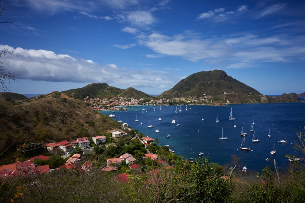 a body of water with boats in it and hills around it