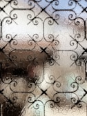 Ornate wrought iron grille with intricate swirled patterns viewed through textured glass, creating a blurred and artistic background scene.