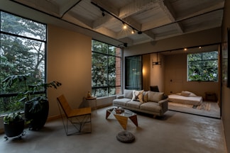 a living room with a large window