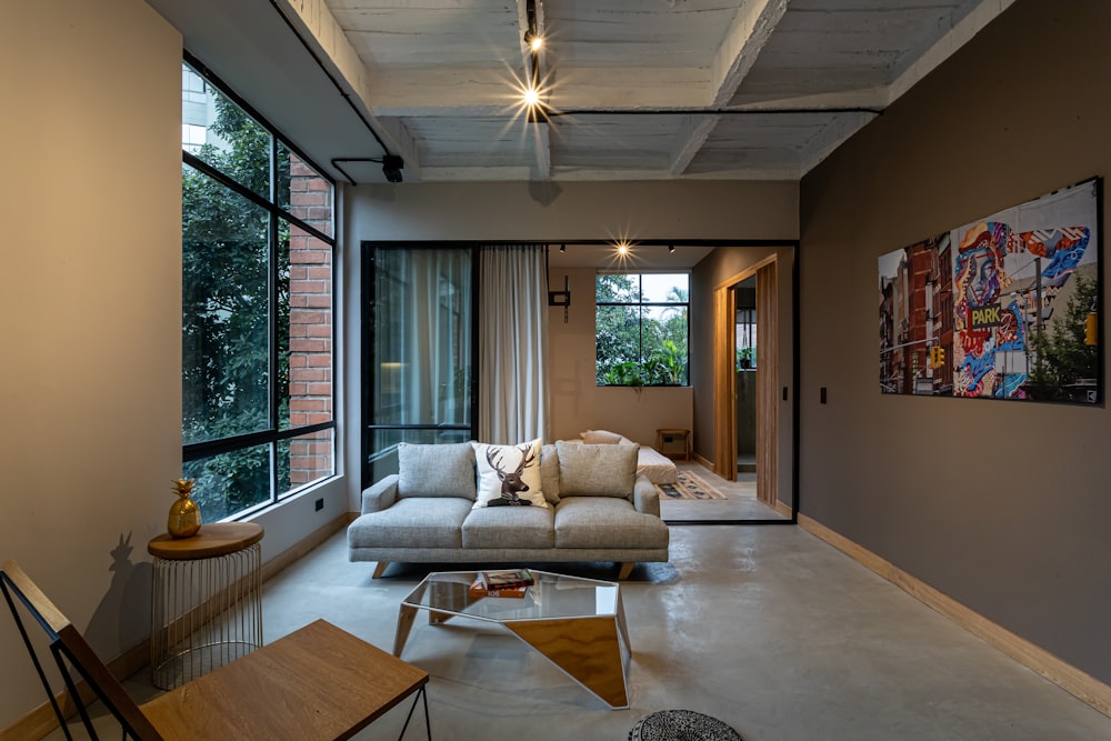 a living room with a couch and a coffee table