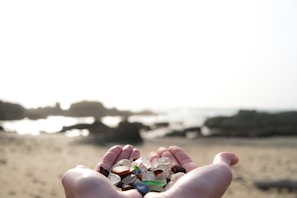Hand holding a cluster of colorful sea glass against a blurred ocean background