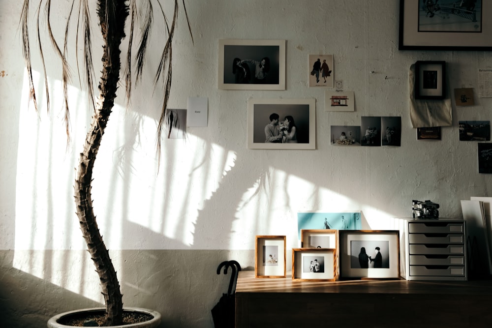 a room with pictures on the wall