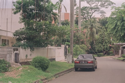 A vacant lot surrounded by mature trees and quiet neighborhood streets.