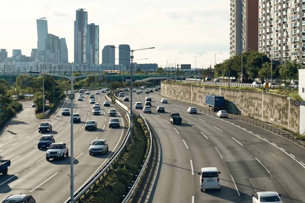 a highway with many cars