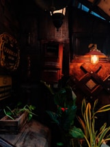 A cozy corner of Bhoot Cafe with neon green ghost-shaped coffee cups glowing softly in the dark purple ambiance.