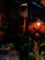 A dimly lit, rustic corner featuring a vintage aesthetic with wooden panels and an old-fashioned, red post box labeled 'Letters'. A warm pendant light illuminates sections of the area, casting shadows and highlighting lush green plants in the foreground. Various signs are present, including one with the name 'Gudhaam Art Cafe'. The atmosphere is cozy and nostalgic.