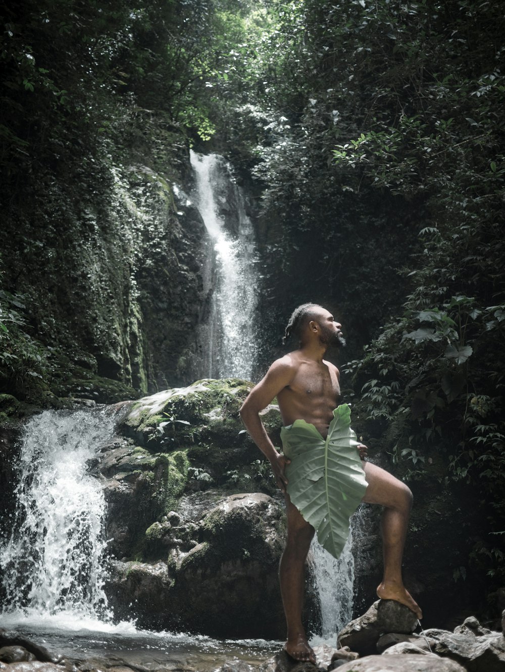 a man standing on a rock near a waterfall