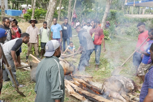 A group of people gathered outdoors around a fire, engaging in a communal cooking process involving large logs and a pig. The setting appears to be rural, surrounded by trees and greenery, with men and a few children participating in or observing the activity.