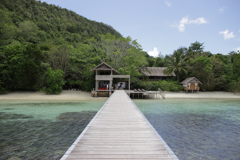 a dock leading to a small building