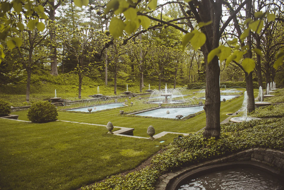 Serene garden scene with two large ponds, surrounded by lush greenery and a stone bridge