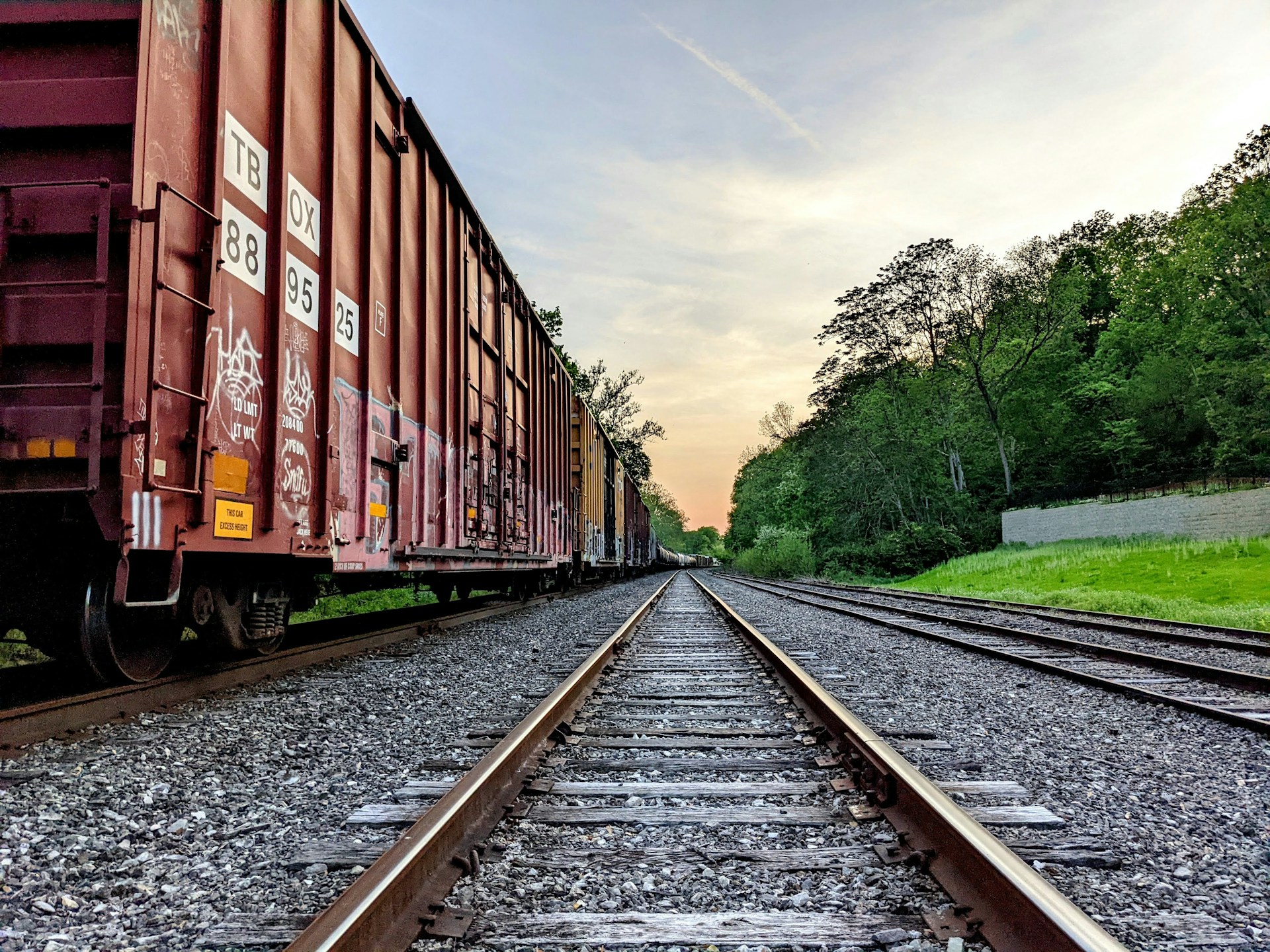 a train travels down the tracks