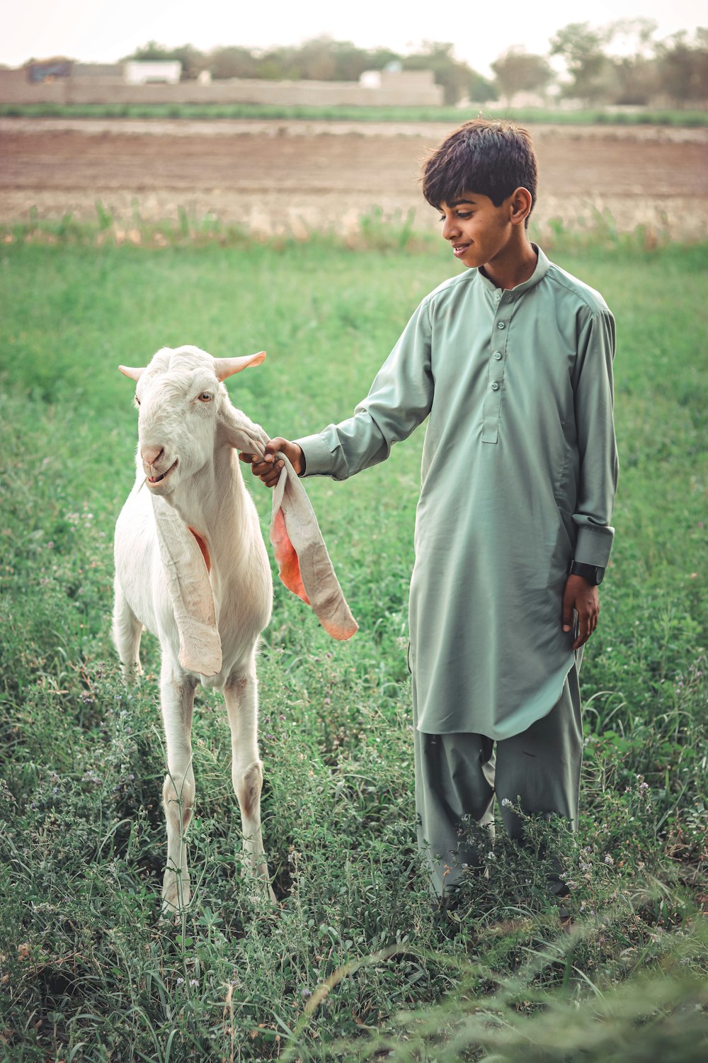 a boy holding a lamb