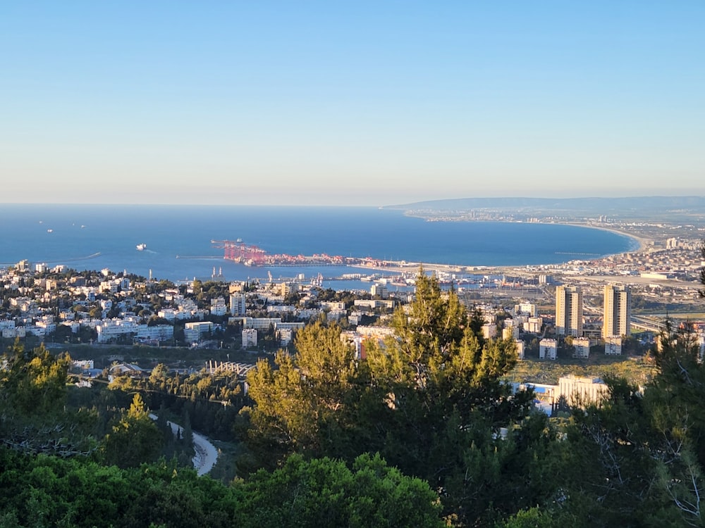 a city with a body of water in the background