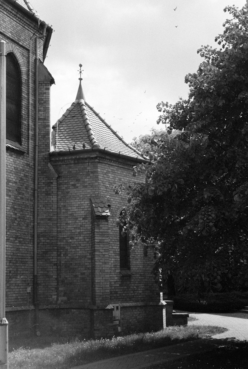 a brick building with a steeple