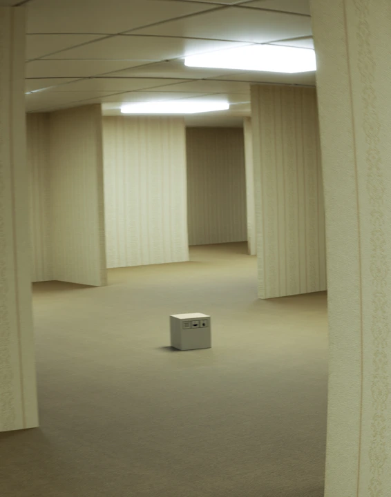 Empty yellow-walled corridor lit by overhead fluorescents, the liminal-space look associated with Kane Pixels' Backrooms.