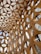 A complex architectural design featuring a geometric pattern of interconnected circular and triangular shapes. The structure is composed of wooden elements and large windows that allow natural light to filter through.