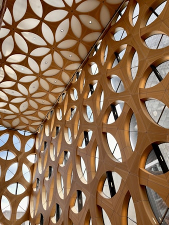 A complex architectural design featuring a geometric pattern of interconnected circular and triangular shapes. The structure is composed of wooden elements and large windows that allow natural light to filter through.