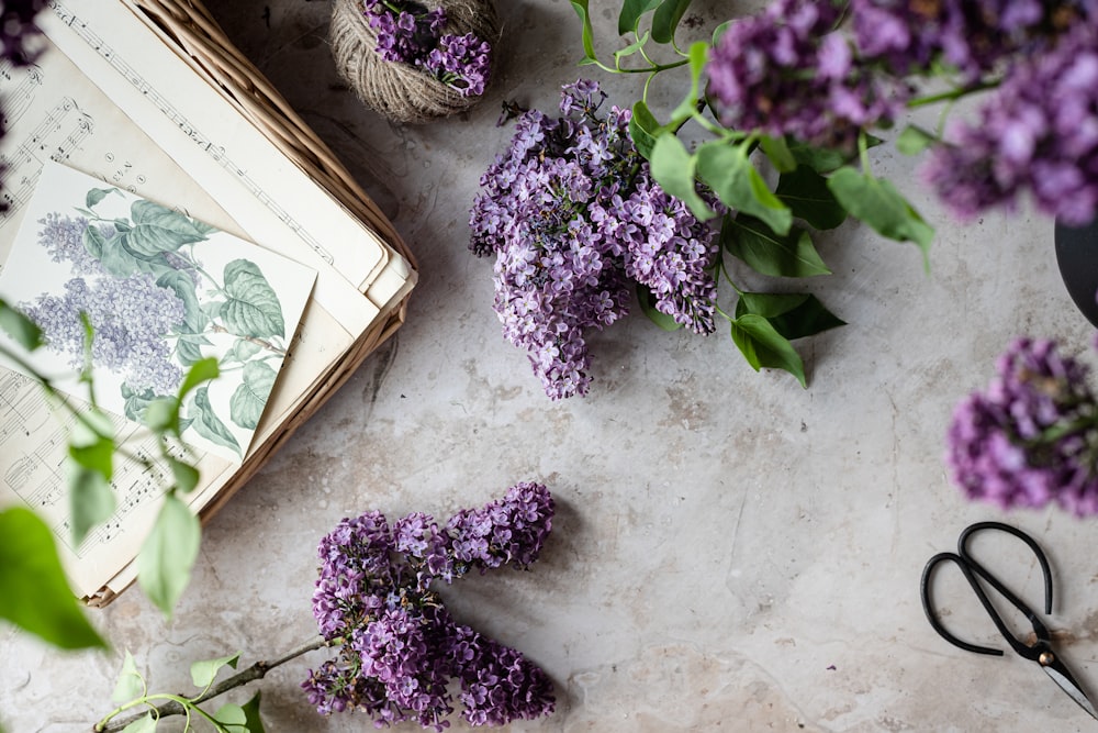 a bouquet of purple flowers