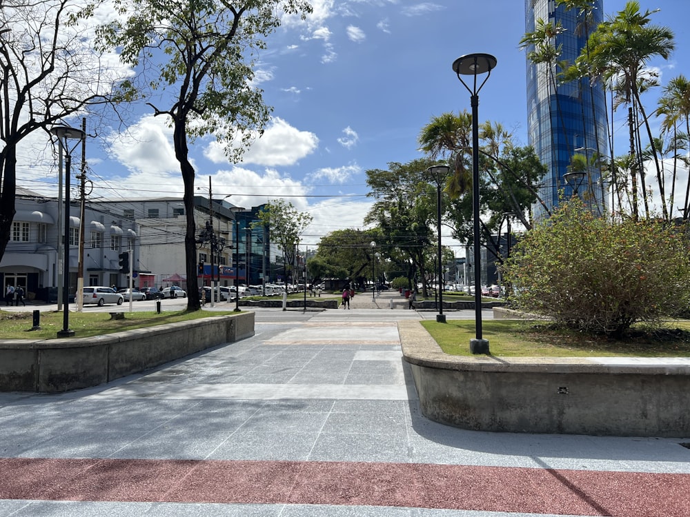 a paved area with trees and buildings in the background