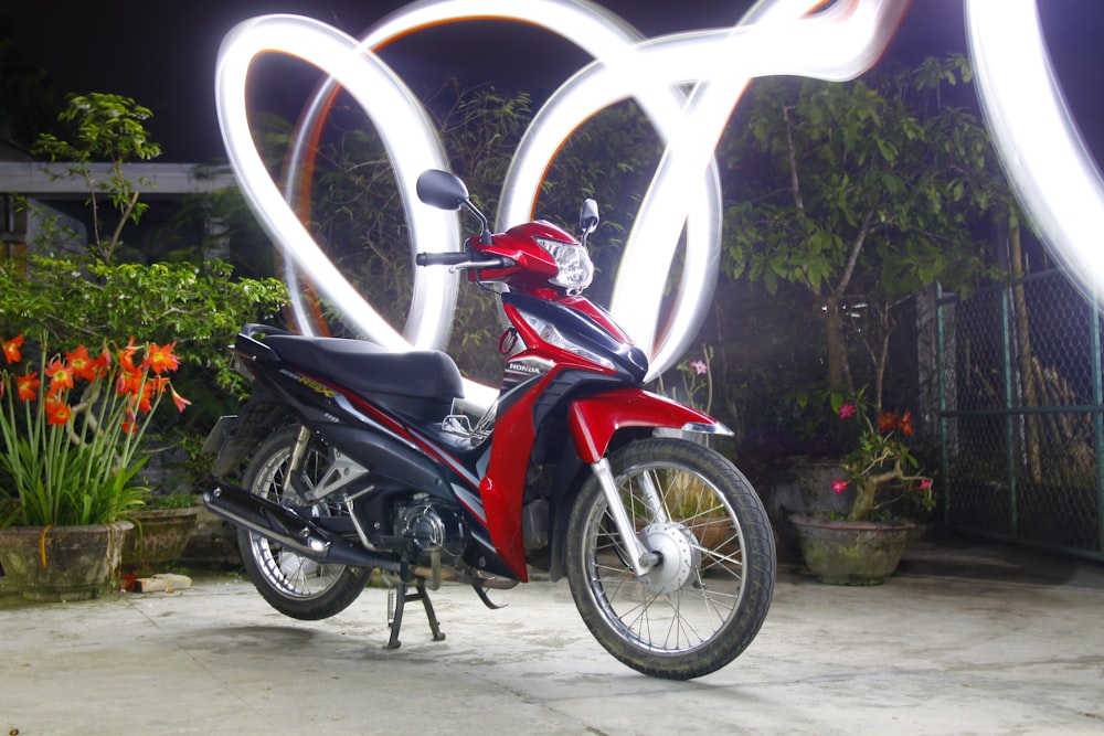 a motorcycle parked in front of a gate