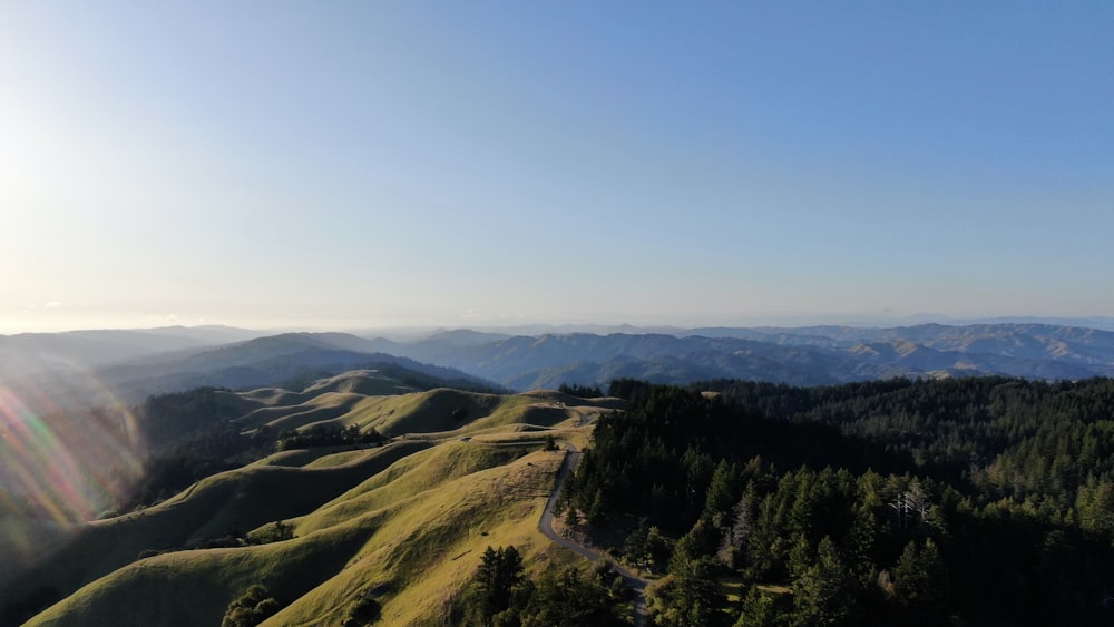 a landscape with trees and hills