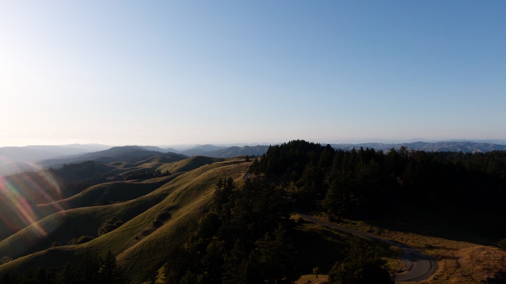 a landscape with trees and hills