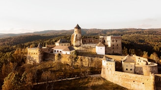 a large building with a tower and a castle on a hill