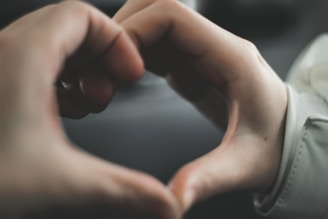 Two hands forming a heart shape against a blurred background.