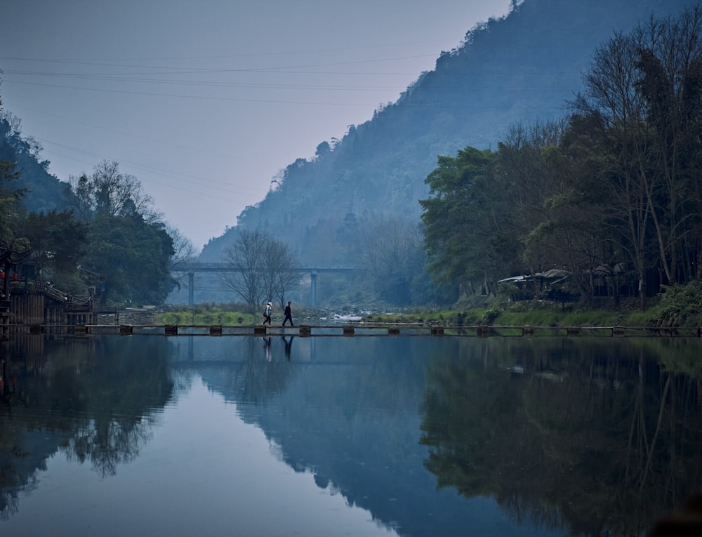 a body of water with trees and a bridge in the background